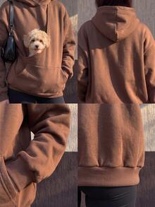 Women's Casual Fleece Sweatshirt With Large Pockets, Loose Fit, Pet-Friendly Design, Essential For Pet Owners, Autumn/Winter Outdoor Wear - Brown - View 7