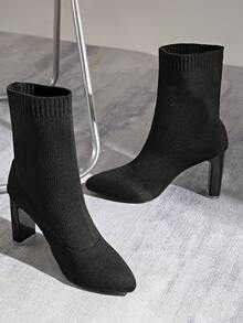Women's Solid Color Fashion Woven Chunky Heel Ankle Boots For Outdoor And Indoor Wear In Autumn/Winter - Black - View 9