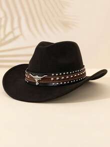 Men Retro Western Cowboy Hat, Bull‑Head Studded Wide Brim Felt Hat, Halloween Christmas Party Costume Accessory - Multicolor - View 8