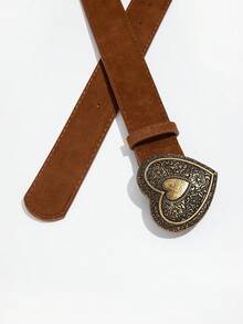 1件復古心形雕花金屬扣寬腰帶，法式優雅西式風格百搭時尚裝飾腰帶，麂皮質感設計精緻且高級，適合搭配洋裝、裙子、牛仔褲、襯衫、針織衫和外套來點綴腰部，適用於日常通勤、約會出遊、度假拍照、派對穿搭等 - 咖啡 - 查看 3