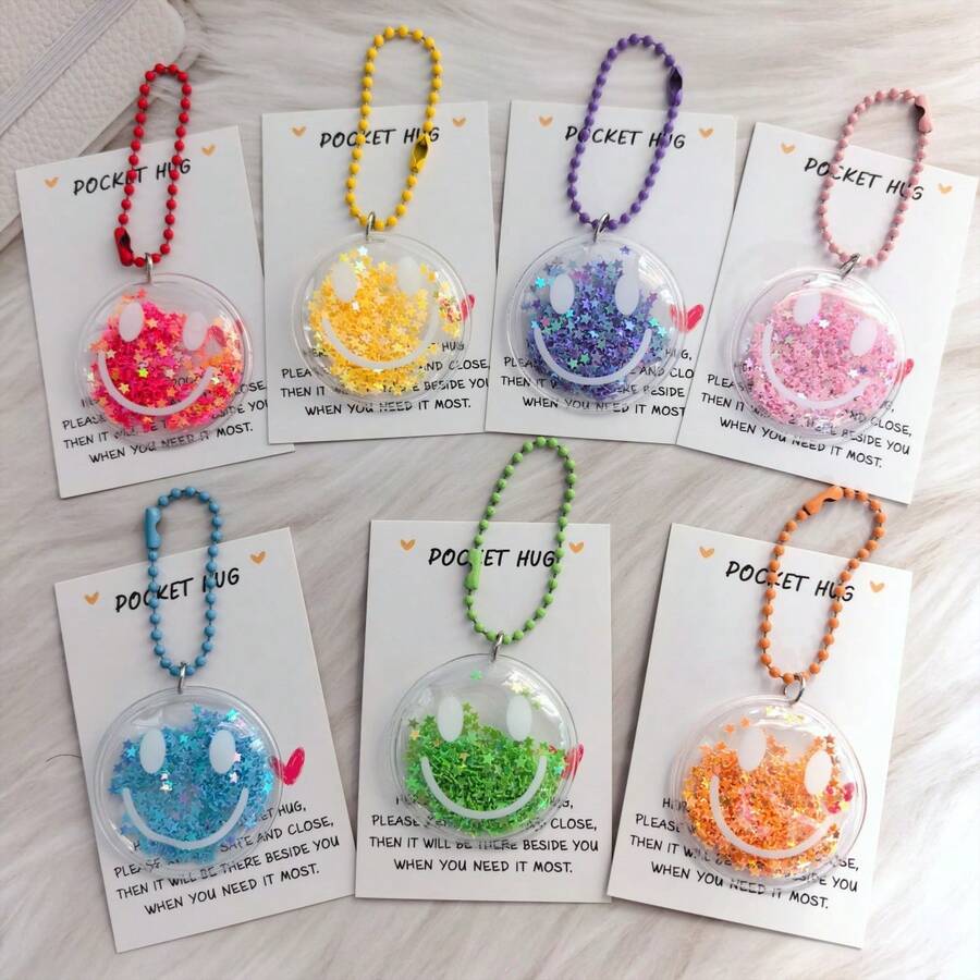 7Pcs/1PC Colorful Sequin Cartoon Smiling Face Keychain Set, Plastic Decorative Pendant, Keychain Suitable For Backpack, Wallet, Car Key Decoration Accessories, Party Key Ring Gift, Suitable For Birthday, Wedding, Valentine's Day, Teacher's Day, Thanksgiving, Christmas Gift