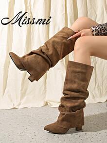 Korean Women's Ruched Leg Boots, Maillard Brown Straight Leg Tall Boots, Over-The-Knee Boots, Fold-Top Boots, Hot Girl Style - Khaki - View 1