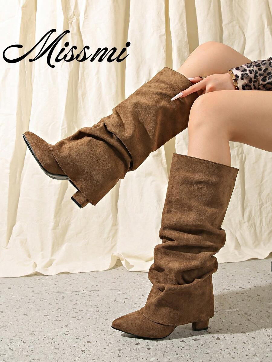 Korean Women's Ruched Leg Boots, Maillard Brown Straight Leg Tall Boots, Over-The-Knee Boots, Fold-Top Boots, Hot Girl Style - Khaki - View 1