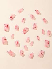 Halloween Wearable Square White French Red Blood Splatter Pattern Removable False Nails - Multicolor - View 4