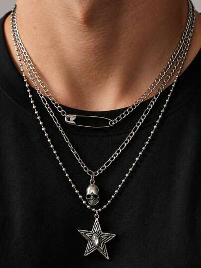 1pc Men's Multi-Layer Necklace, Silver Metal, Pin Skull Star Pendant Triple Layer Stacked Design, Hip-Hop Personalized Necklace Suitable For Daily Streetwear