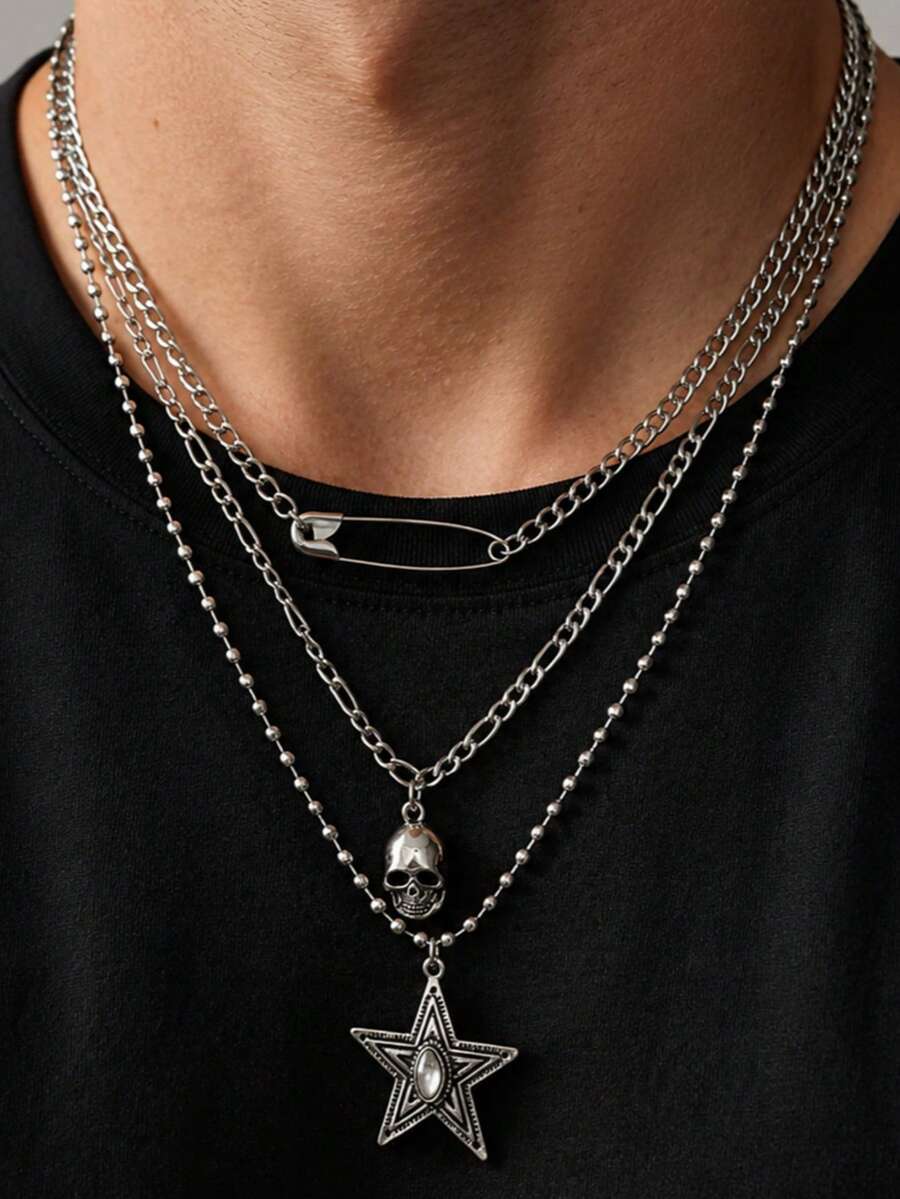 1pc Men's Multi-Layer Necklace, Silver Metal, Pin Skull Star Pendant Triple Layer Stacked Design, Hip-Hop Personalized Necklace Suitable For Daily Streetwear - Silver - View 1