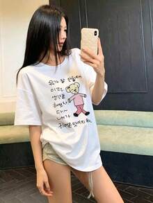 大尺碼女款休閒極簡短袖上衣，卡通角色印花，時尚百搭白色夏季款 - 白色 - 查看 12