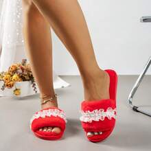 Women's Home Slippers Solid Color Fashion Fabric Lace Patchwork Pearl Strap Indoor Autumn/Winter One-Strap Cotton Slippers - Red - View 3