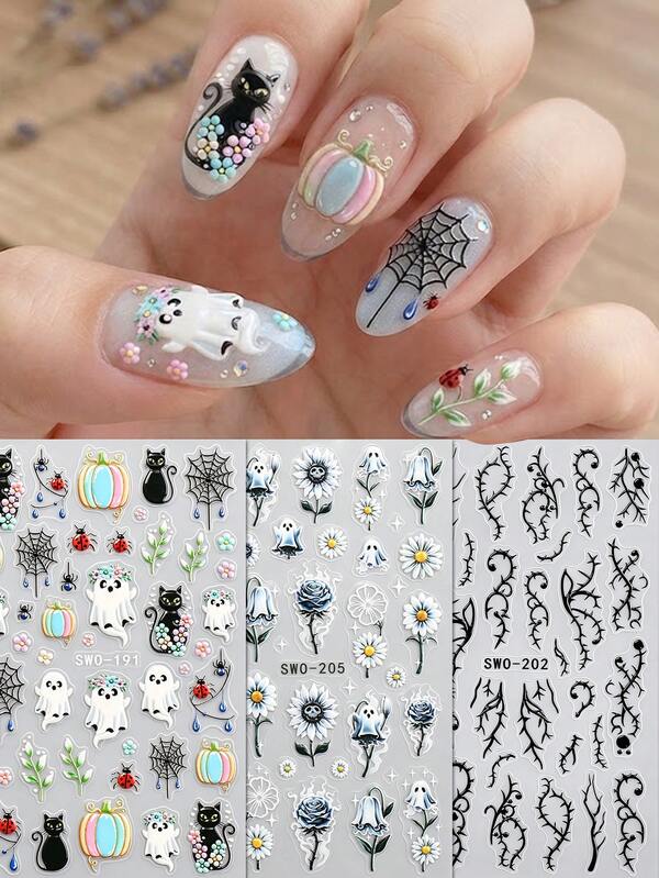 3 Sheets Halloween 5D Embossed Nail Art Stickers, Vintage Gothic Day Of The Dead Autumn Party Nail Artist Supplies, Ghost Black Cat Pumpkin Thorn Vine Blue Rose Daisy Pattern DIY Nail Decoration Holiday Gift