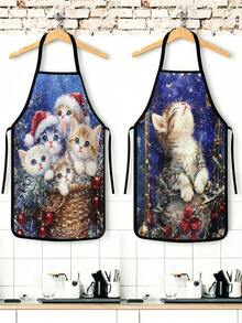 2/4pcs Christmas Apron, Featuring Cute Christmas Cat Pattern. Suitable For Kitchen Cooking, Festivals And Parties. A Great New Year Gift To Give To Friends. - Multicolor - View 8