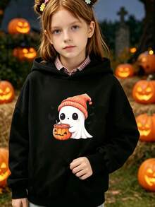 1pc Girls Halloween Sweatshirt, Pumpkin Cup And Little Ghost Print, Long Sleeve Pullover, Suitable For Girls Daily Wear, Party, Holiday Gift - Black - View 1