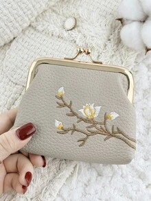時尚花卉刺繡外觀,多功能且緊湊設計,附夾式開關,便攜式零錢包與卡包 - 灰色 - 查看 9