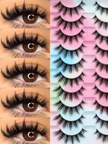10 Pairs Exaggerated Demon Spike False Eyelashes, European And American Style Dense Voluminous Lightweight Strip Lashes, Fluffy D-Curl 3D Cartoon Anime False Eyelashes, Soft Reusable Cat Eye Lashes, Suitable For Party And Daily Wear - Black - View 10