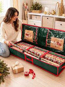 1pc Christmas Wrapping Paper Storage Bag, Large Capacity Gift Wrapping Storage Container With Transparent Pocket, Secure Tie, Reinforced Handle And Zipper, Foldable Holiday Storage Bag, Suitable For Wrapping Paper Rolls, Ribbons, Bows, Gift Bags And Supplies - Multi-color - View 10