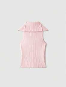 Women's Solid Color Zipper Ribbed Knit Vest - Pink - View 8