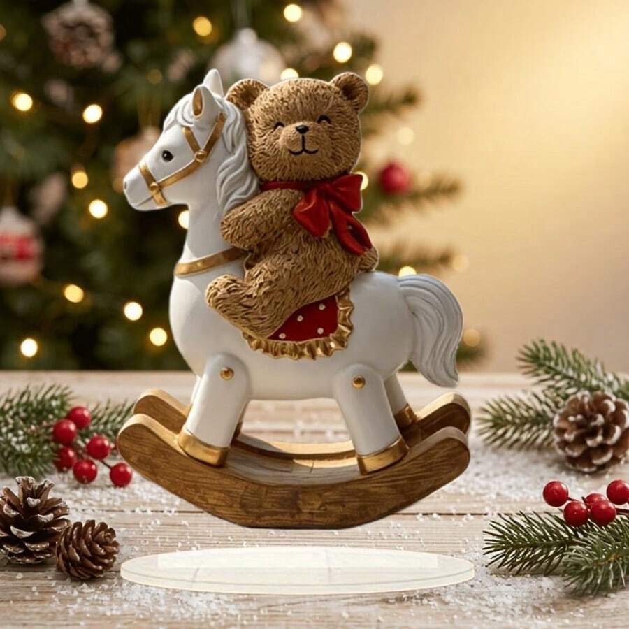 Warm Winter Christmas Rocking Horse Cute Red Bow Bear Home Decor Statue Ornament, Fun Desktop Christmas Decoration, Home Holiday Display Atmosphere Decor, Window Sill Snowy Scene Display, Christmas Holiday Gift For Friends And Family - Rocking Horse - View 1