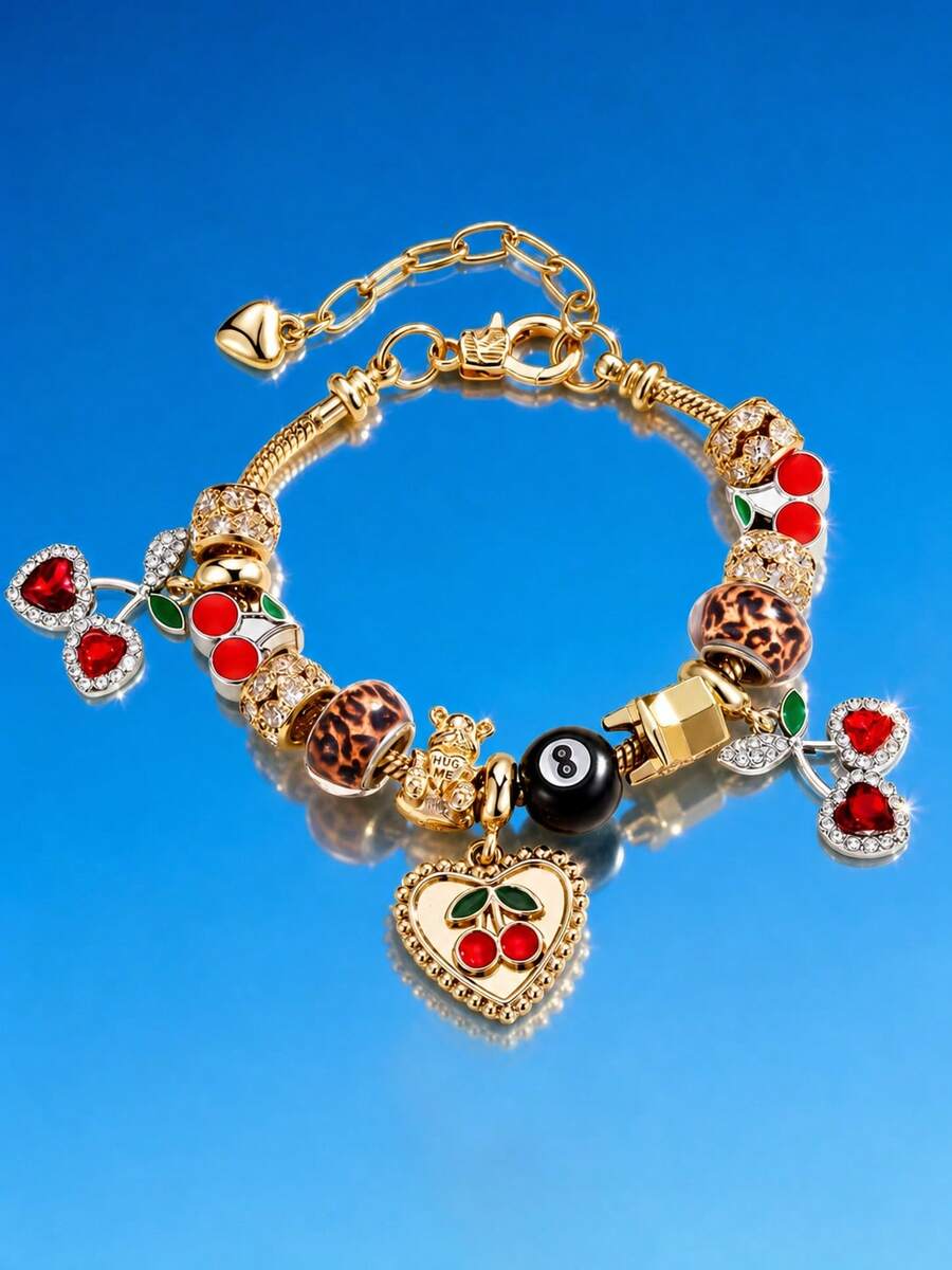 1pc Woman Leopard Print Beaded Bracelet With Heart Cherry Pendant, Adjustable And Detachable DIY String Bracelet, Holiday Gift - Multicolor - View 1
