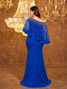 SUPGIR Plus Size Women Asymmetric Shawl Sleeve Handmade Rhinestone Chiffon Fitted Evening Dress Party Wedding Spring Fall - Royal Blue - View 4