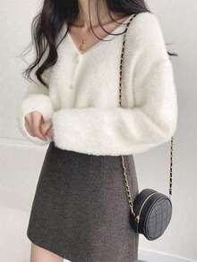 Áo khoác cardigan dài tay màu trơn dành cho nữ, kiểu dáng áo len đa năng, thích hợp cho mùa thu/đông. - trắng - Xem 4