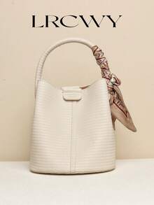 Women's Handbag Bucket Bag Fashion Versatile Elegant Solid Color Striped White Bag With Scarf Matching Suitable For Shopping Commuting Free Small Bag Inside - Beige - View 3