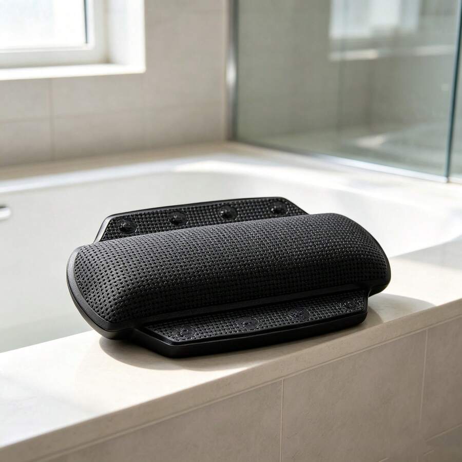 Black Bathtub Pillow, Equipped With 8 Suction Cups, Size 23 X 32 Cm, Washable - 1pc - View 1