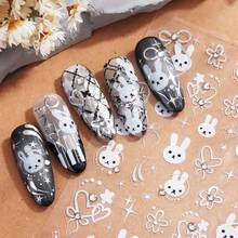 Cute Graffiti Rabbit & Cat 5D Nail Art Stickers Cartoon Animal Flower Heart Cat's Paw Patterns Self-Adhesive Slider Decals, Glossy PET Material,Professional Nail Decorations For Women,Single Use For Animal Theme Stickers - Multicolor - View 5