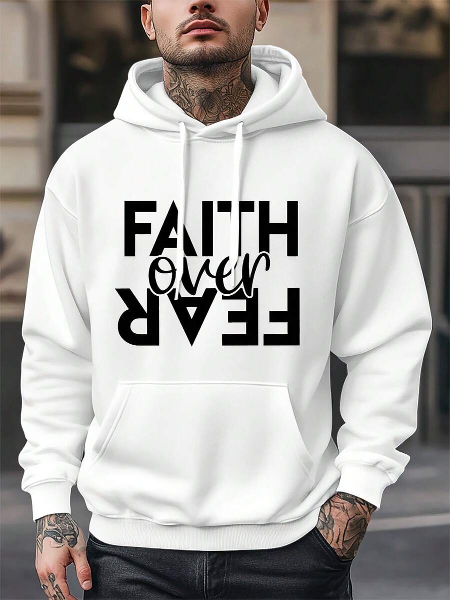 [Print Design - Not Texture] Men's Fashion Printed Hoodie White Hooded Sweatshirt With Drawstring Fr - White - View 1