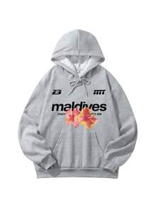 女款套頭運動衫 Maldives 字母與花卉印花 寬鬆休閒運動衫 - 深花灰 - 查看 2