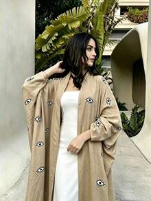 Middle Eastern Fashion Embroidered Cardigan Long Robe Arabian Dress White Linen Outerwear Women's Clothing Fall - Khaki - View 3