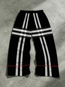 Men's Plus Size Wide Leg Pants, Minimalist Black & White Line Patchwork Print, Extra Large & Plus Size Tall Fit, Suitable For Daily Commute, All Season Wear - Black and White - View 9