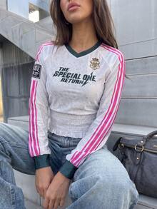 Women's Casual Madrid Jersey V-Neck Shirred Allover Print Slim Fit Long Sleeve T-Shirt For Daily Fall&Winter,Going Out Tops,Vacation Outfits Women - White - View 6