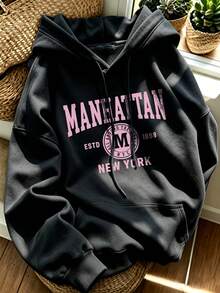 Women's Hooded Sweatshirt, Autumn/Winter New Letter Print, Drawstring Design, With Pockets, Casual Versatile Loose Fit Top, Fashionable Black Fall - Black - View 10