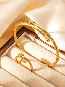 Bộ 2 món vòng tay và nhẫn dây thép xoắn, trang sức tối giản dạng hở điều chỉnh được, đeo hàng ngày - Nhẫn vòng tay xoắn - Xem 1
