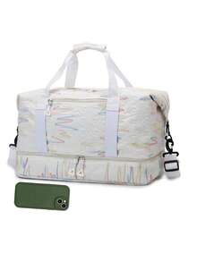 Travel Luggage Bag With 3D Diamond Quilted Embossed Texture, Colorful Line Print, Front Zipper Pocket For Quick Access To Small Items, Dual Short Hand Straps And Adjustable Long Crossbody Shoulder Strap, Suitable For Gym Training, Outdoor Trips, Short-Distance Travel And Luggage Storage - Beige - View 4
