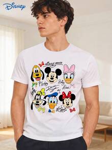 Disney 1pc Men's Short Sleeve T-Shirt, Loose Fit, Mickey Mouse And Minnie Mouse Graphic Print, Round Neck, Slightly Elastic - White - View 1