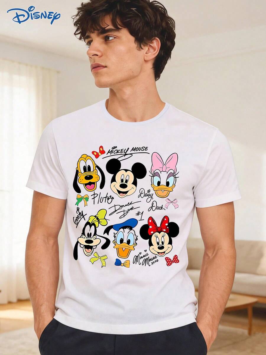 Disney 1pc Men's Short Sleeve T-Shirt, Loose Fit, Mickey Mouse And Minnie Mouse Graphic Print, Round Neck, Slightly Elastic - White - View 1