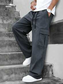 Spring/Summer Solid Color Multi-Pocket Straight Leg Cargo Pants, Men's Outdoor Commute Casual Sports Long Pants - Dark Grey - View 3