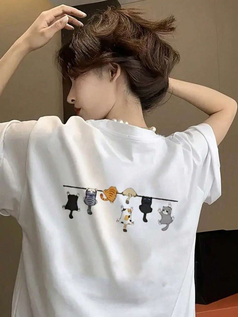 Japanese Style Women Summer Loose Street Cat Graphic Casual Cute Short Sleeve T-Shirt White - White - View 1