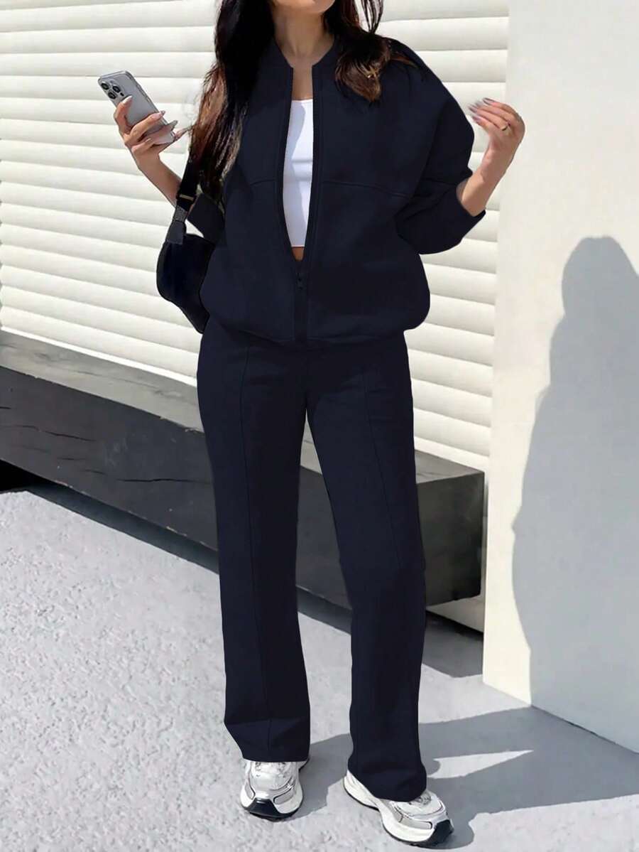 春秋冬季時尚新款純色極簡風運動衫外套上衣附口袋直筒長褲兩件套,柔軟刷毛微聚酯纖維彈性布料 - 藏青色 - 查看 1