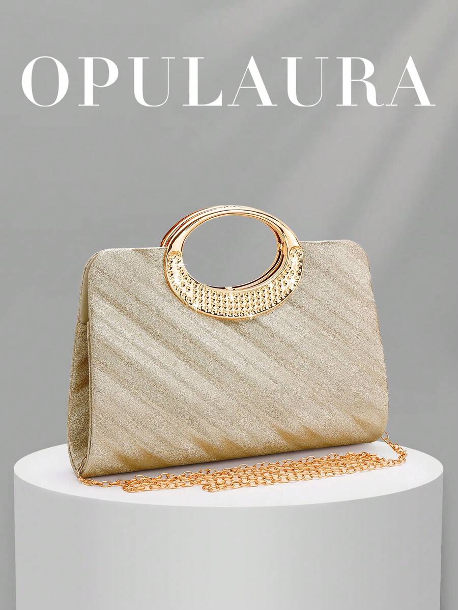 OpulAura 1pc Gold Herringbone Design Sparkling Rhinestone Embellished Evening Clutch Bag, Glamorous Luxury Shiny Diamond Formal Dress Handbag, Suitable For Gala, Party, Birthday, Wedding As Gift - Gold - View 1
