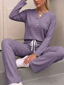 女款舒適羅紋居家服兩件套，亨利領鈕扣長袖上衣，抽繩高腰寬腿長褲 - 紫色 - 查看 5