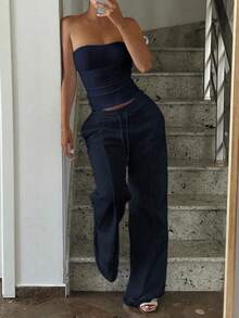 Vaiaye 2pcs Set Autumn Clothing Fitted Sexy Strapless Cropped Top Basic Camisole Solid Color Elastic Fitted Yoga Bandeau Top, Spring/Summer Elegant - Navy - View 1