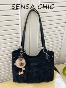 Bolso de hombro con textura de tie-dye esmerilado y desgastado, colgante de peluche suave con diseño de dibujos animados, diseño plisado casual, gran capacidad versátil, puede contener teléfono, libros, paraguas, cosméticos, adecuado para ir al trabajo, compras, citas, viajes cortos - Negro - Ver 1