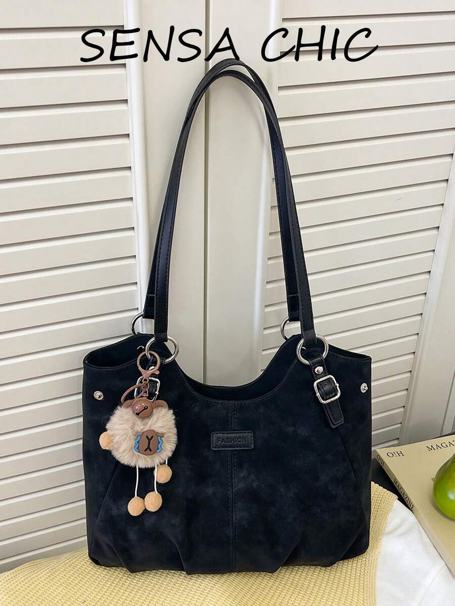 Bolso de hombro con textura de tie-dye esmerilado y desgastado, colgante de peluche suave con diseño de dibujos animados, diseño plisado casual, gran capacidad versátil, puede contener teléfono, libros, paraguas, cosméticos, adecuado para ir al trabajo, compras, citas, viajes cortos - Negro - Ver 1