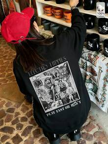 Oversized Women's Sweatshirt For Autumn/Winter, Casual Daily Wear, Long Sleeve Hoodie, Outerwear Top, Y2K, Letter Slogan Graphic, Unisex, Streetwear - Black - View 3