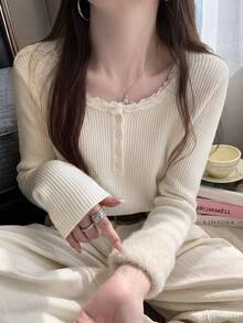 Sweater Rajut Lengan Panjang Kancing Patchwork Renda Gaya Minimalis Seksi Musim Gugur/Dingin Hangat Leher Bulat Lengan Panjang untuk Wanita Desain One-Piece Musim Gugur - Aprikot - View 7