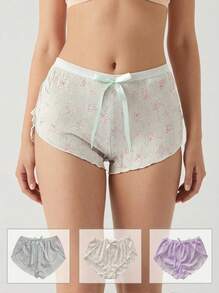 Aesletic 3pcs Floral Ribbed Safety Shorts - Soft Anti-Chafing Underwear For Skirts, Perfect For Commuting & Daily Wear - Multicolor - View 1