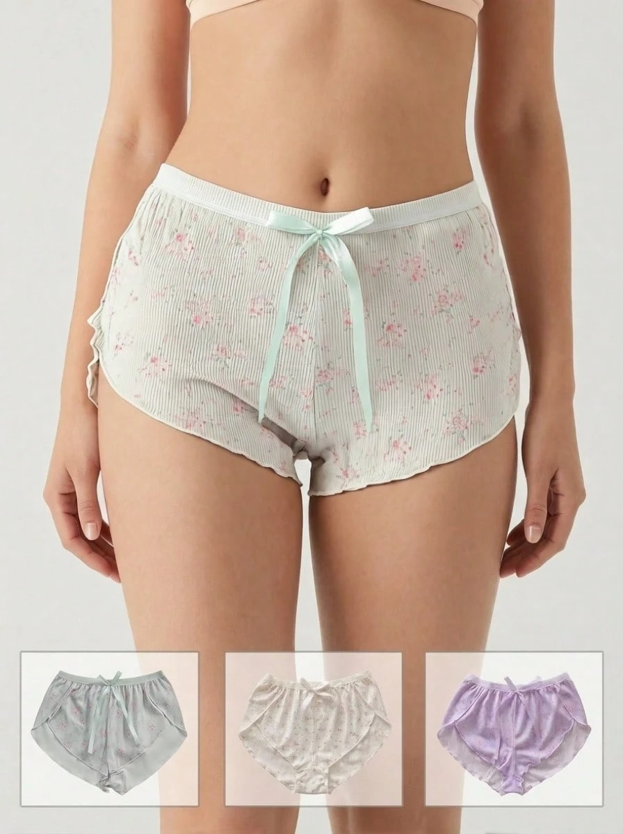 Aesletic 3pcs Floral Ribbed Safety Shorts - Soft Anti-Chafing Underwear For Skirts, Perfect For Commuting & Daily Wear - Multicolor - View 1