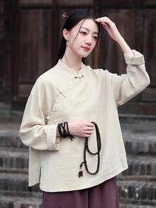 LUCIDVUE 1pc Women's Tang Suit Top Spring Summer Vintage Asymmetrical Collar Linen Shirt Hanfu Asymmetrical White Tea Ceremony Thin Outerwear Casual - Apricot - View 6