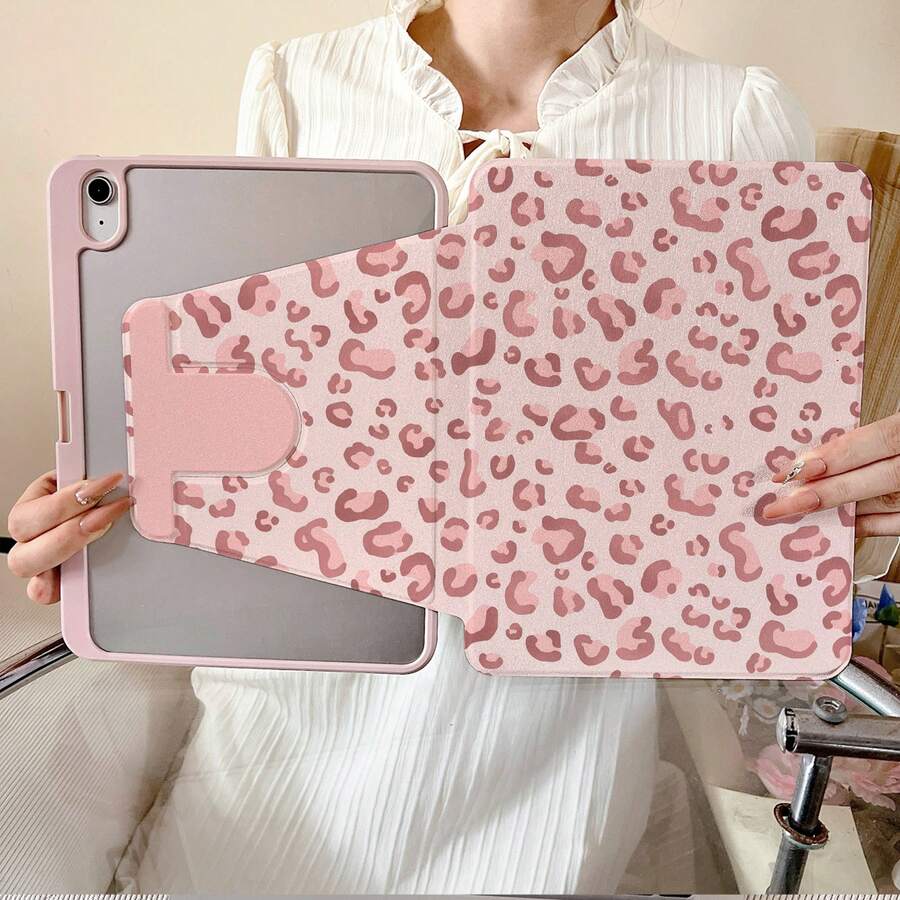 1件粉色豹紋動物印花360°旋轉平板保護殼，相容於iPad 10代 10.9吋 2022智能保護殼/Air 13(M3 2025)/Air 11(M3 2025)/11(A16 2025)，相容於OPPO Pad，相容於 MatePad，相容於Vivo Pad，相容於Honor Pad，相容於Xiaoxin Pad